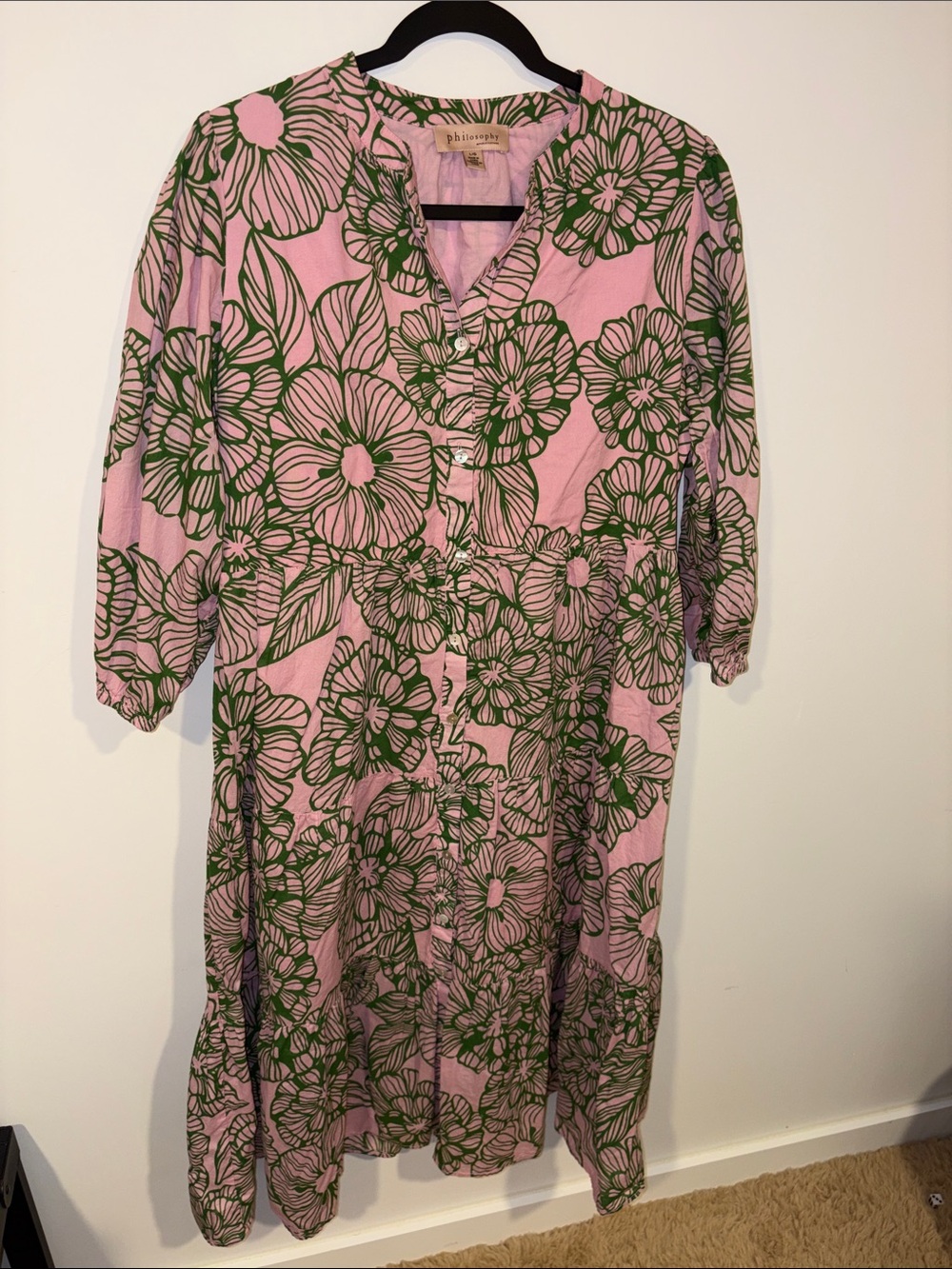 Philosophy Pink Floral Midi Dress with Green Outline Print